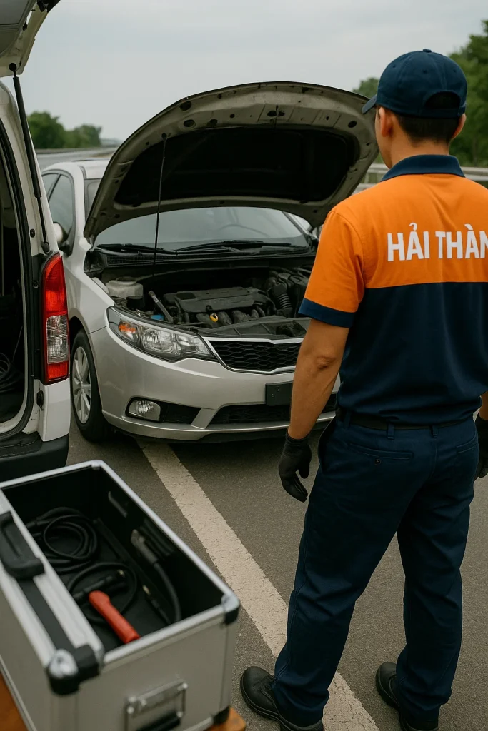 Kỹ thuật viên của Hai Thanh Auto đang thực hiện sửa chữa ô tô lưu động cho một xe gặp sự cố trên làn dừng khẩn cấp cao tốc Hà Nội - Hải Phòng.