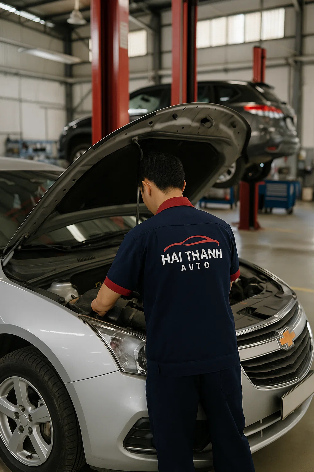 Toàn cảnh xưởng sửa chữa ô tô chuyên nghiệp của Hai Thanh Auto tại Hải Phòng, với nhiều khoang sửa chữa và trang thiết bị hiện đại.
